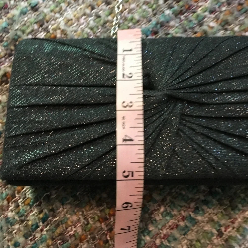 Black Shimmer Pleated Evening Clutch Bag Chain 10x5